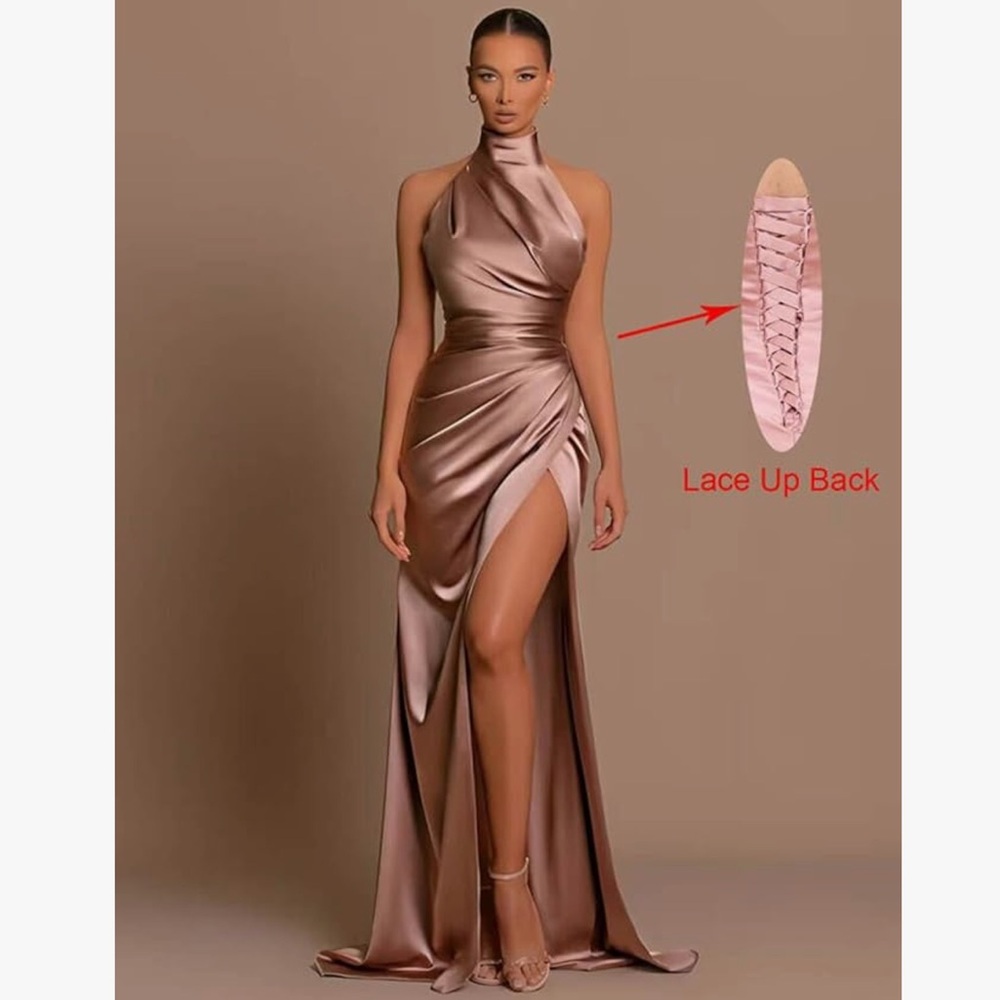 Blush Pink Satin Dress Gown Bridesmaid Prom Halter Pleated Mermaid Corset slit - Picture 4 of 10